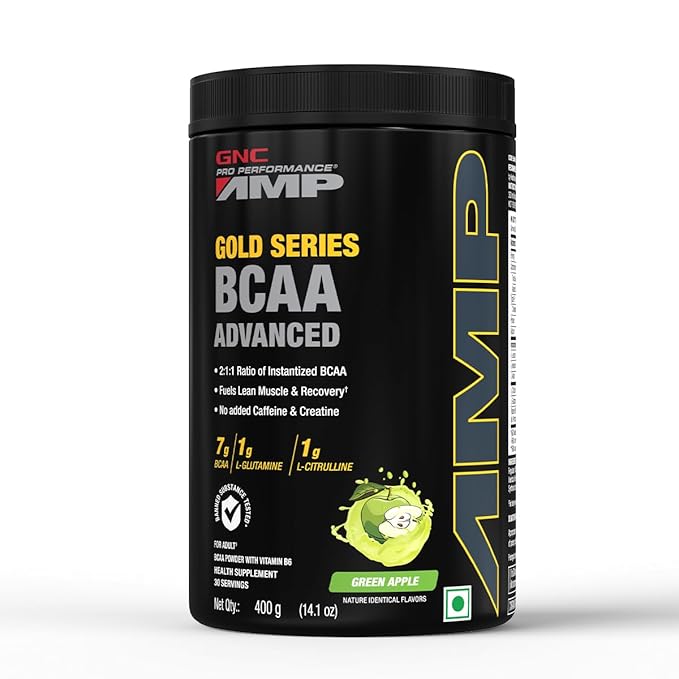 GNC AMP Gold Series BCAA Advanced | 400 gm | 30 Servings | Fastest Muscle Recovery | Maximized Workout Performance | Formulated In USA | 7g BCAA | 1g L-Glutamine | 1g L-Citrulline | Green Apple